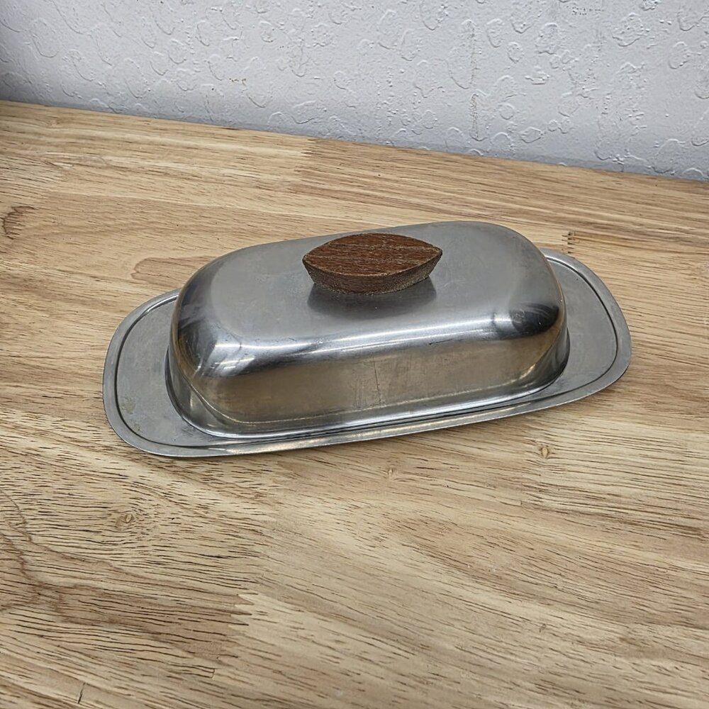 Butter Dish Stainless Steel MCM Wood Handle Dolphin Vintage - Picture 7 of 7
